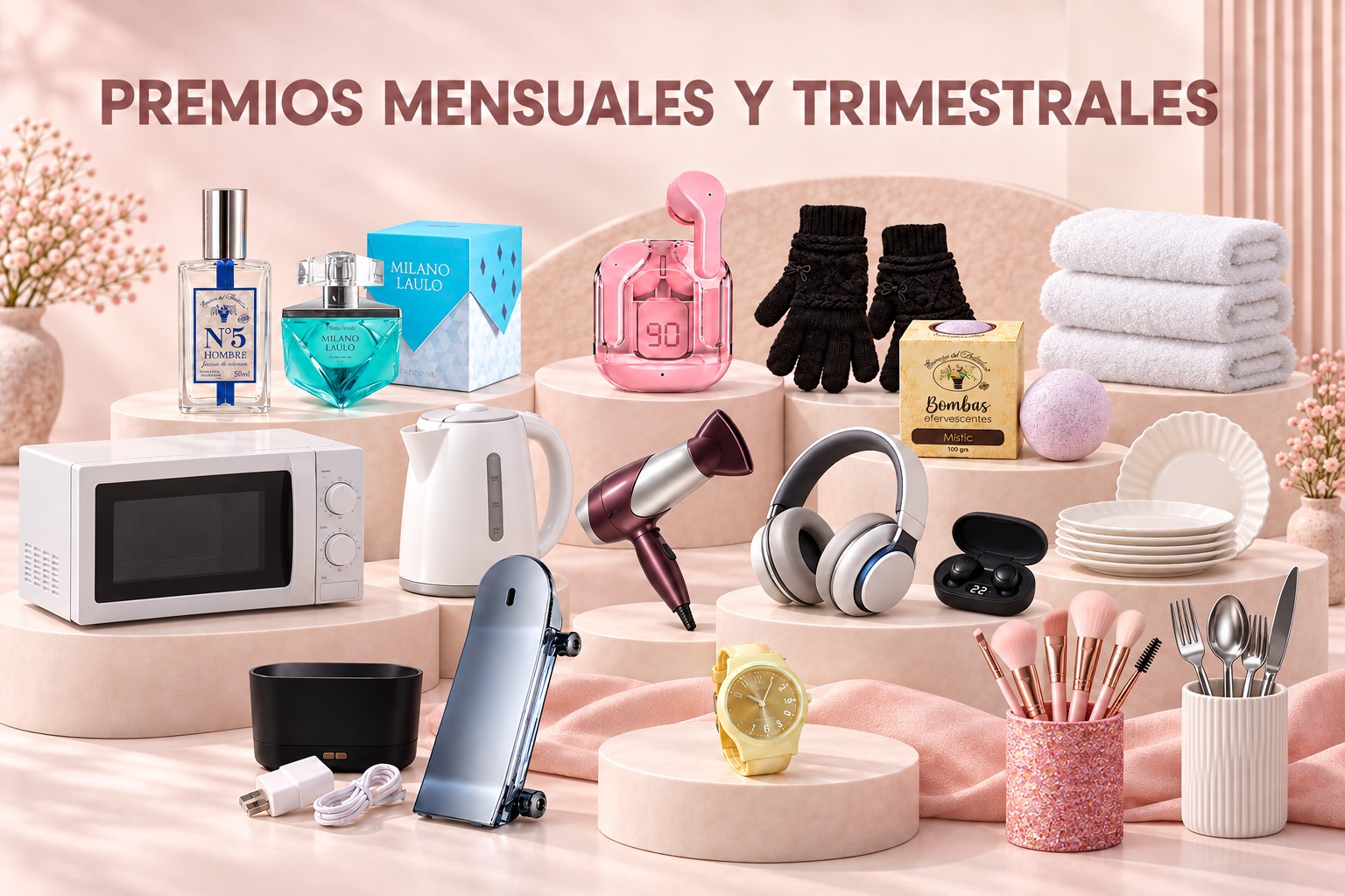 Premios mensuales y trimestrales: fragancias, productos de bienestar, electrodomésticos, textiles, audio, vajilla y accesorios de belleza